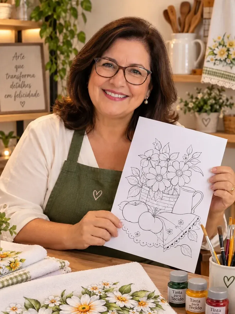 Carolina Vieira, criadora dos riscos, pintando um pano de prato em seu ateliê
