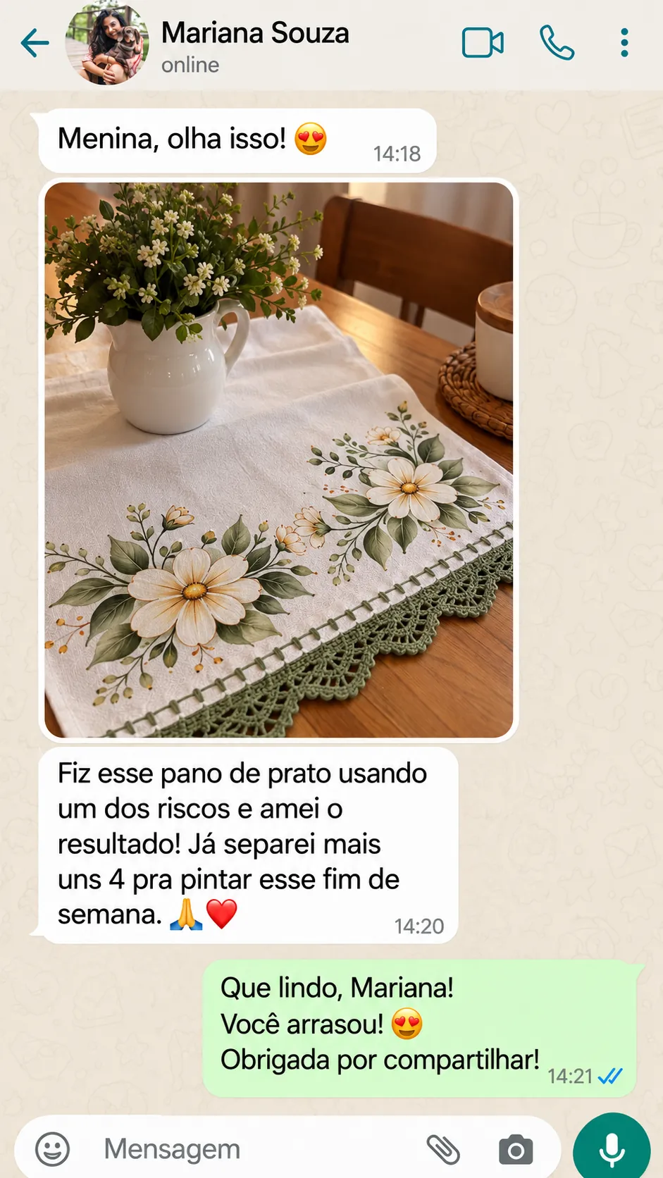 Print de aluna enviando foto de panos de prato prontos para vender