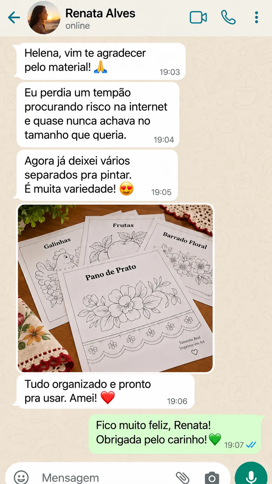 Print de mensagem de aluna sobre a facilidade de decalcar os riscos