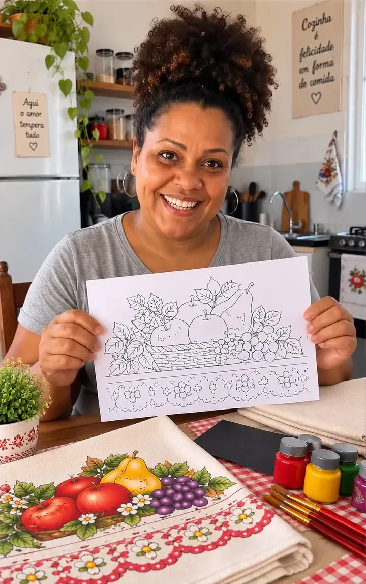 Capa do vídeo de depoimento 2: aluna mostrando pano de prato pintado