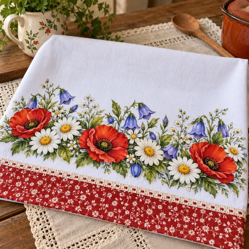 Pano de prato pintado com flores do campo no barrado
