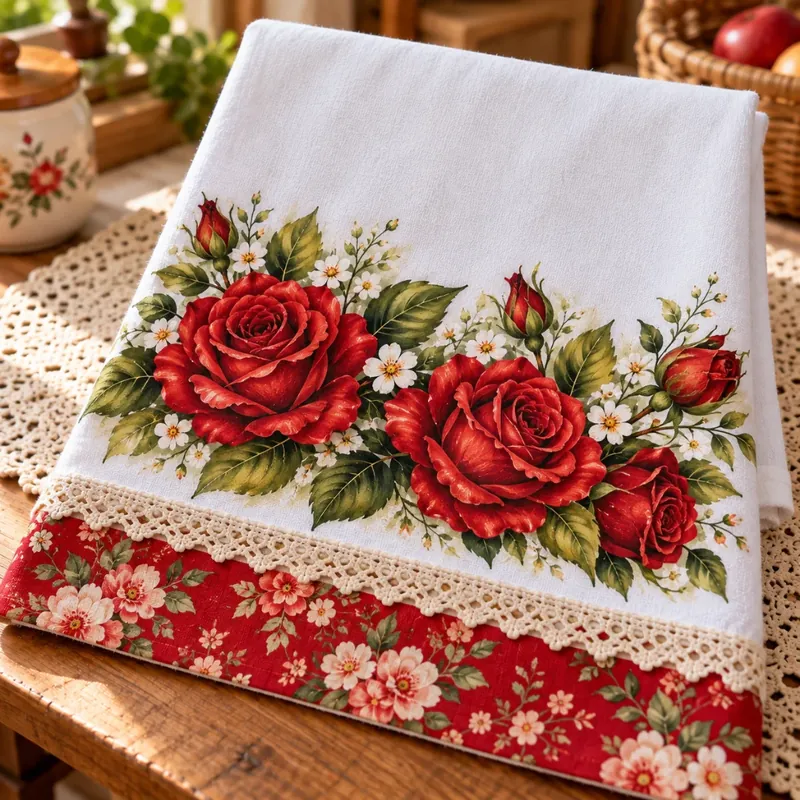 Pano de prato pintado com rosas e folhagens