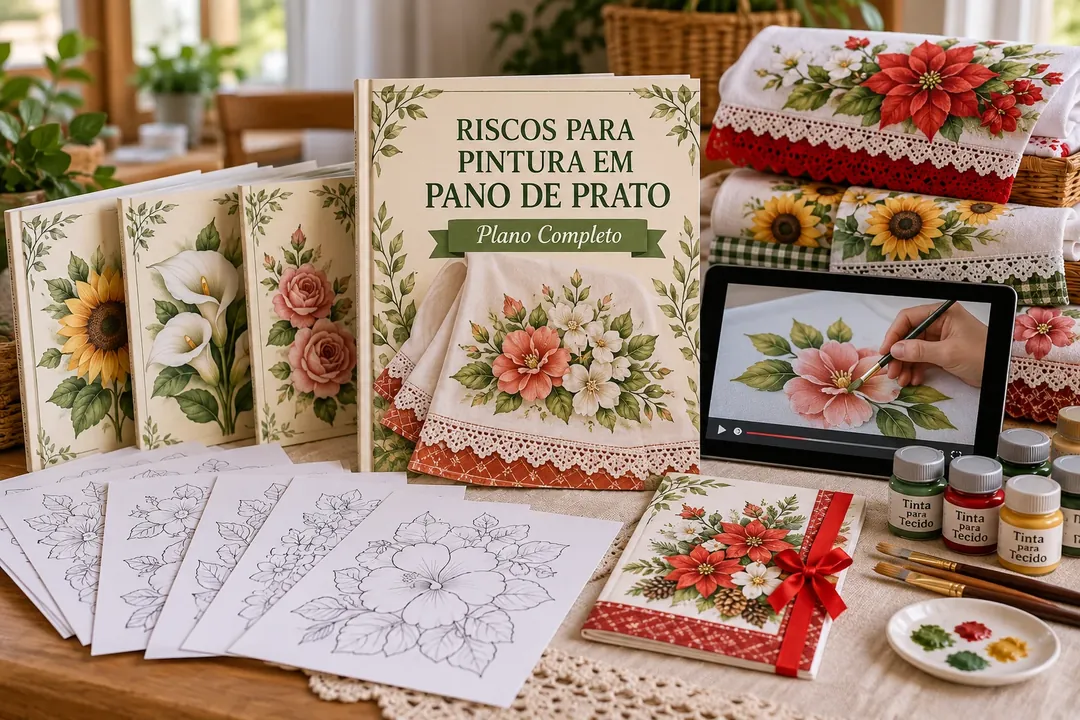 Plano Completo: riscos para pano de prato, riscos de Natal, vídeo aulas e 6 guias bônus